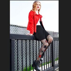 MeMoi ✦ Rockstar Fishnet Tights ✦ Black w/ Red & Black Sparkly Stars OS NWT